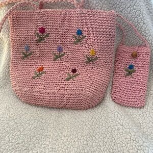 Charter club Pink straw Crochet Tote Bag with Floral Embroidery